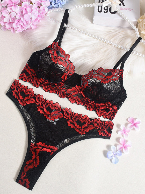 Lace Contrast Color Bra & Panty Set – Sexy Knit Lingerie for All Seasons