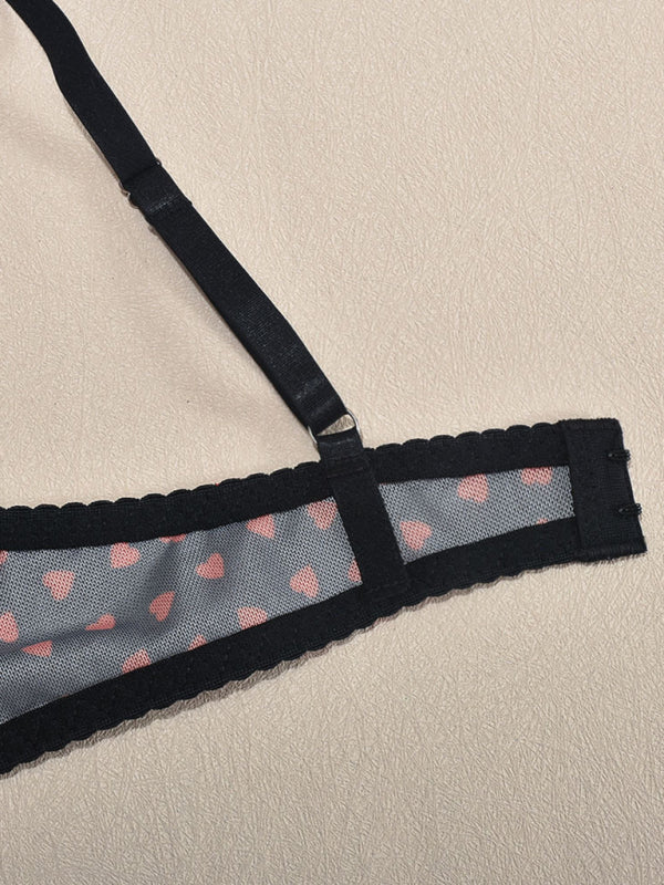 Heart Print Sheer Lingerie Set – Sexy 3-Piece Valentine's Day Look