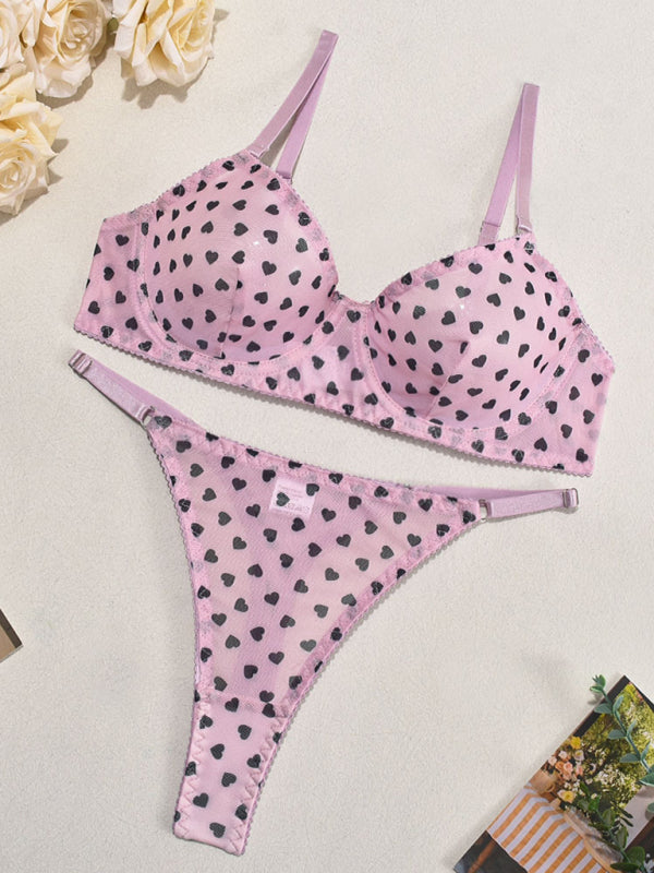 Heart Print Sheer Lingerie Set – Sexy 3-Piece Valentine's Day Look