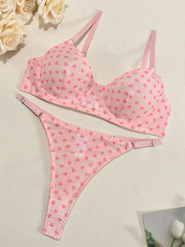 Heart Print Sheer Lingerie Set – Sexy 3-Piece Valentine's Day Look