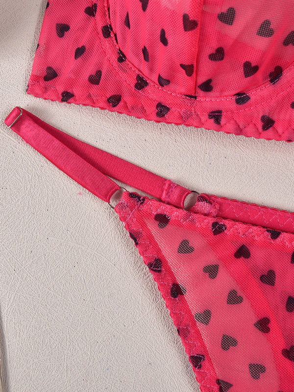 Heart Print Sheer Lingerie Set – Sexy 3-Piece Valentine's Day Look