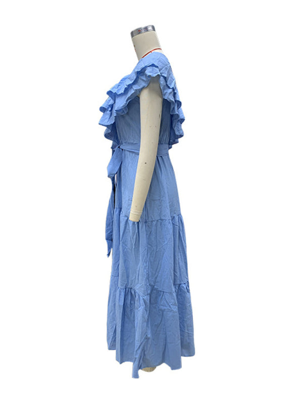 Off-Shoulder Linen Blend Dress with Ruffle Collar – Lightweight Summer Midi