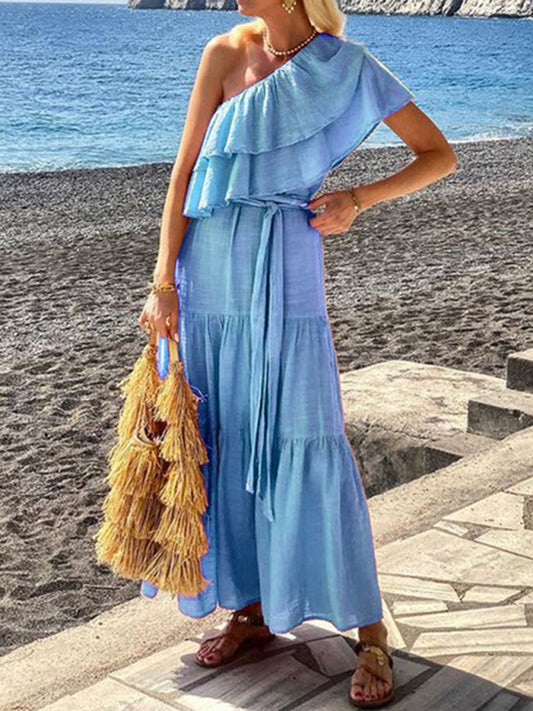 Off-Shoulder Linen Blend Dress with Ruffle Collar – Lightweight Summer Midi