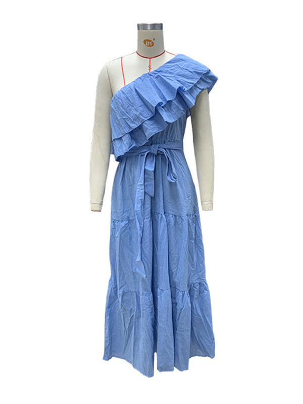 Off-Shoulder Linen Blend Dress with Ruffle Collar – Lightweight Summer Midi