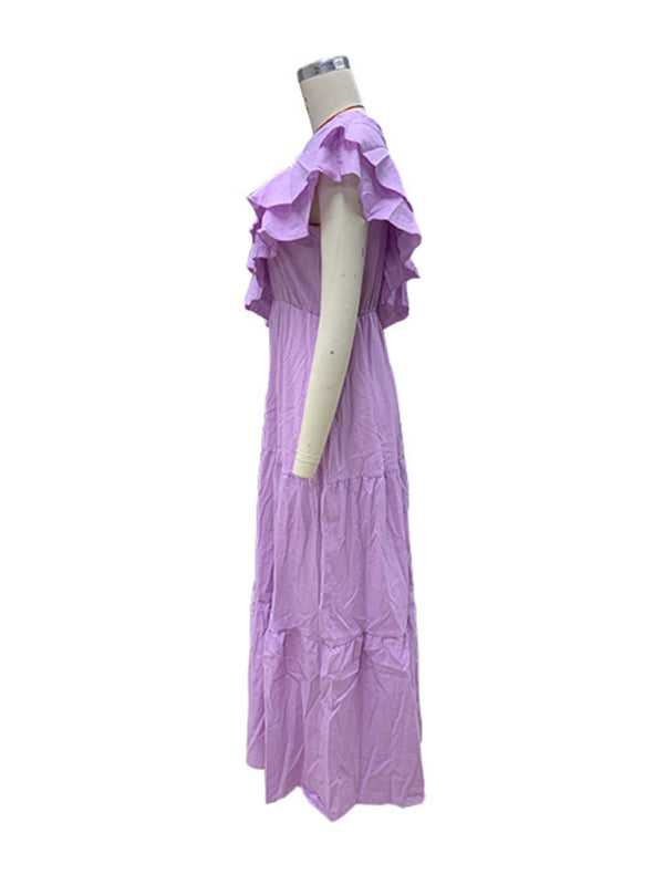 Off-Shoulder Linen Blend Dress with Ruffle Collar – Lightweight Summer Midi