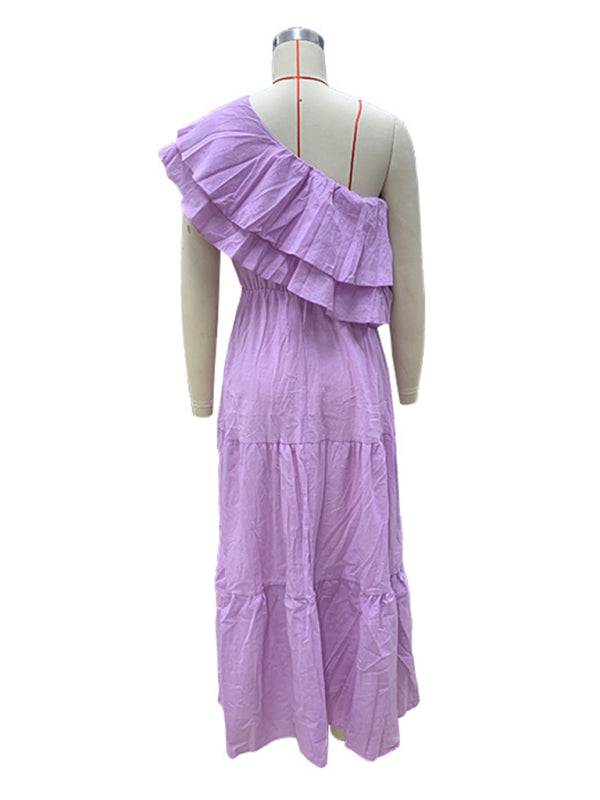 Off-Shoulder Linen Blend Dress with Ruffle Collar – Lightweight Summer Midi