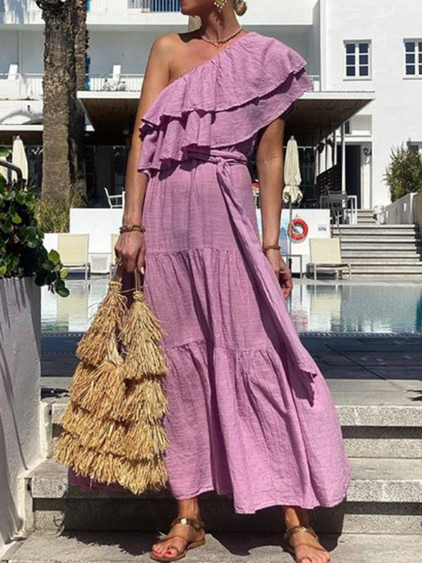 Off-Shoulder Linen Blend Dress with Ruffle Collar – Lightweight Summer Midi