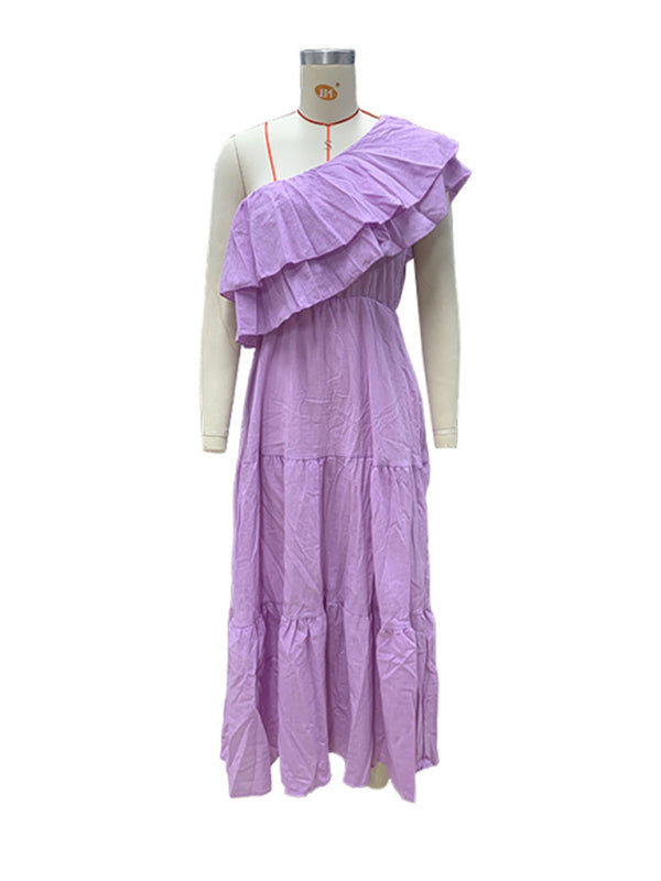 Off-Shoulder Linen Blend Dress with Ruffle Collar – Lightweight Summer Midi