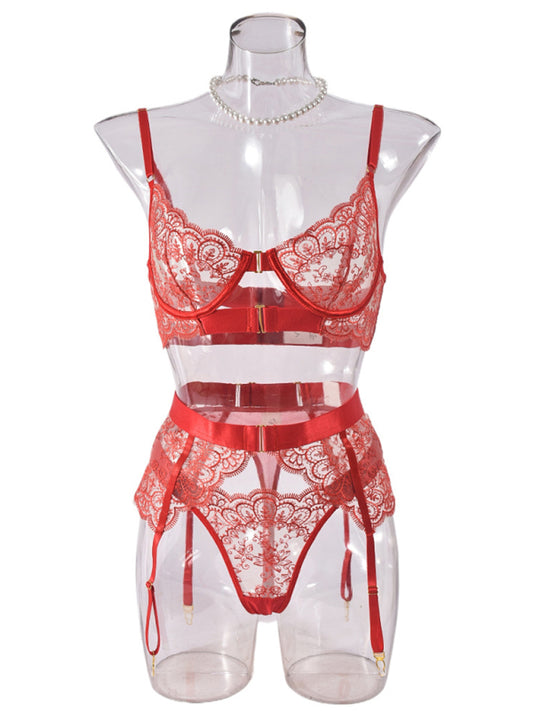 Embroidered Lace Lingerie 3-Piece Set – Sheer Bra, Panty & Garter Belt