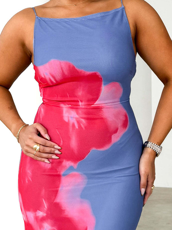 Slim-Fit Suspender Dress with Contrasting Floral Print – Spring-Summer Knit