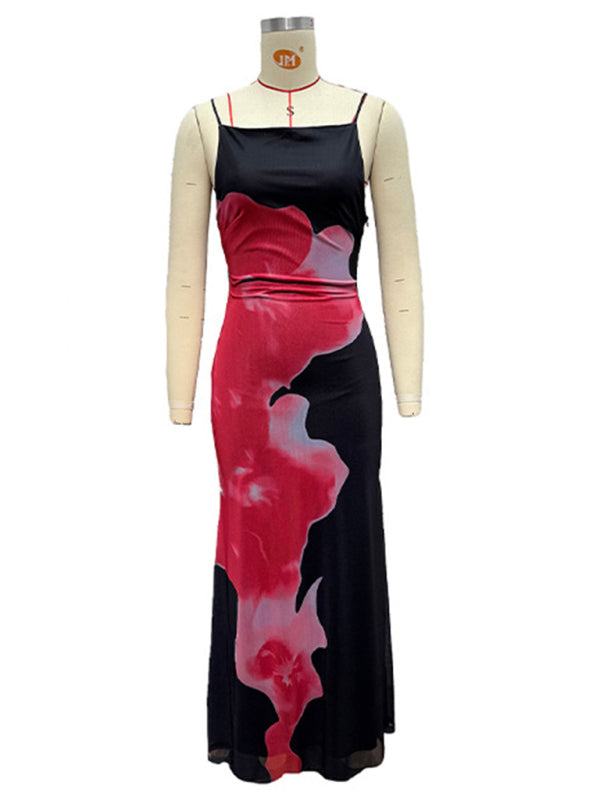 Slim-Fit Suspender Dress with Contrasting Floral Print – Spring-Summer Knit