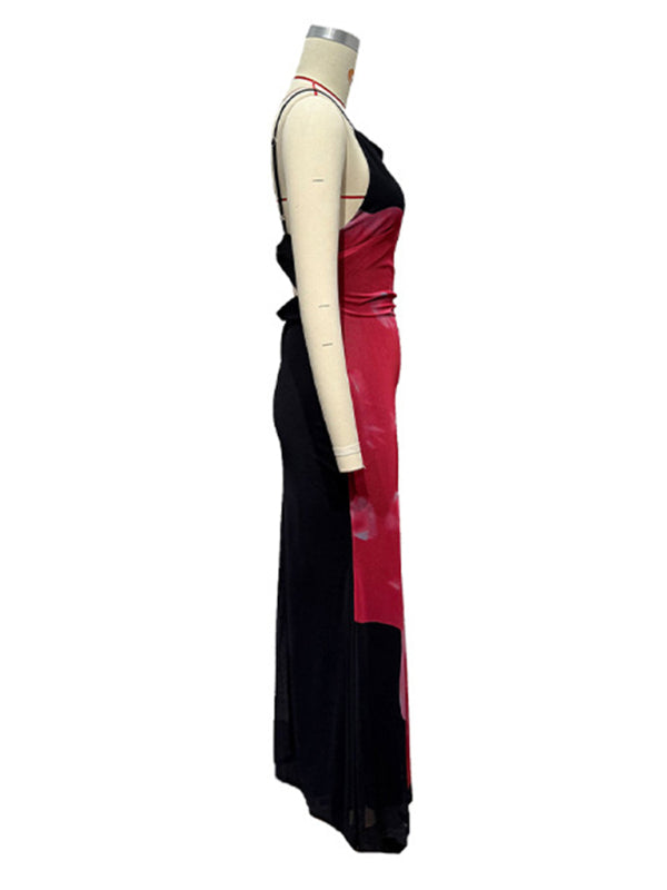 Slim-Fit Suspender Dress with Contrasting Floral Print – Spring-Summer Knit