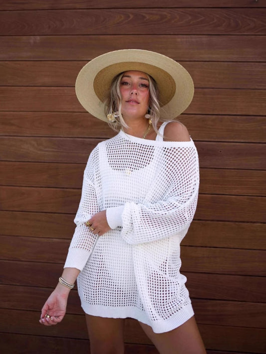 Backless Knitted Loose Beach Cover-Up – Lightweight & Sheer Resort Tunic