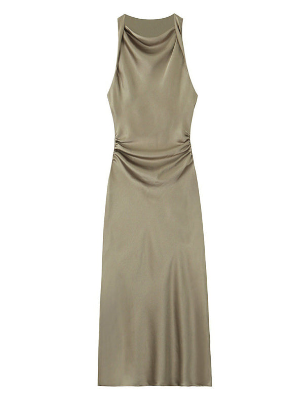 Elegant Slim Midi Dress – Sleeveless Woven Design for Spring & Summer Days