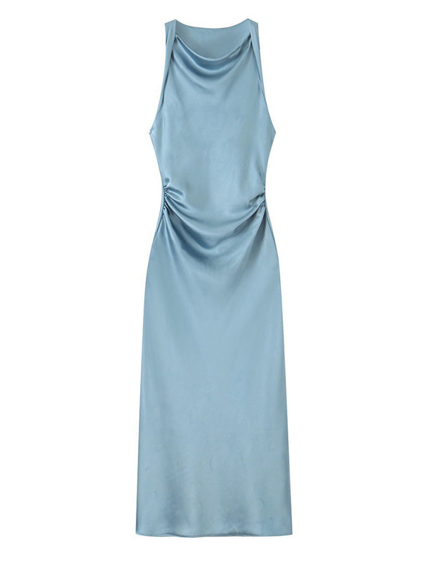 Elegant Slim Midi Dress – Sleeveless Woven Design for Spring & Summer Days