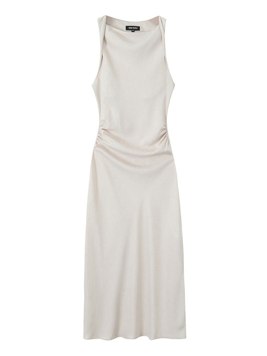 Elegant Slim Midi Dress – Sleeveless Woven Design for Spring & Summer Days
