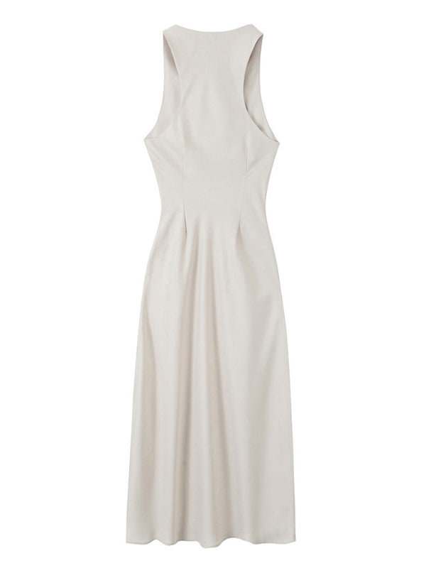 Elegant Slim Midi Dress – Sleeveless Woven Design for Spring & Summer Days