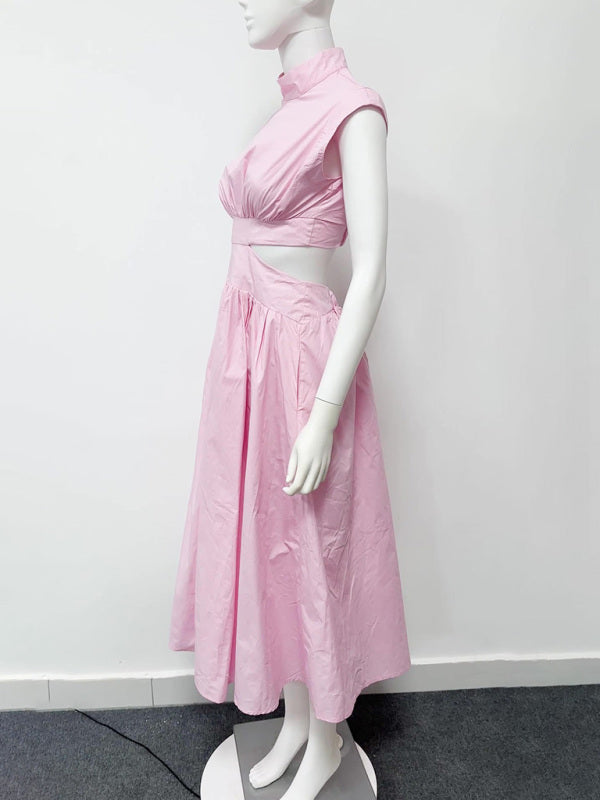 Sleeveless Cotton Blend Midi Dress - Stand Collar & Hollow Detail