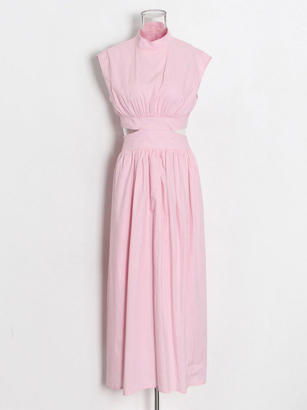 Sleeveless Cotton Blend Midi Dress - Stand Collar & Hollow Detail