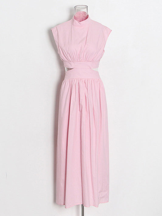 Sleeveless Cotton Blend Midi Dress - Stand Collar & Hollow Detail