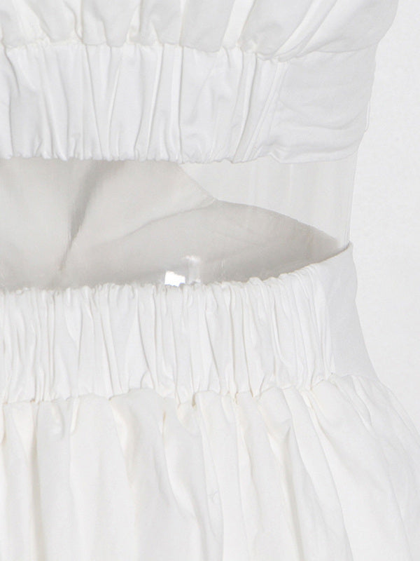Sleeveless Cotton Blend Midi Dress - Stand Collar & Hollow Detail