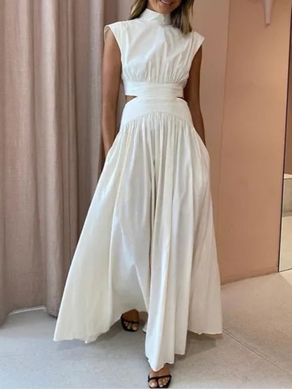 Sleeveless Cotton Blend Midi Dress - Stand Collar & Hollow Detail