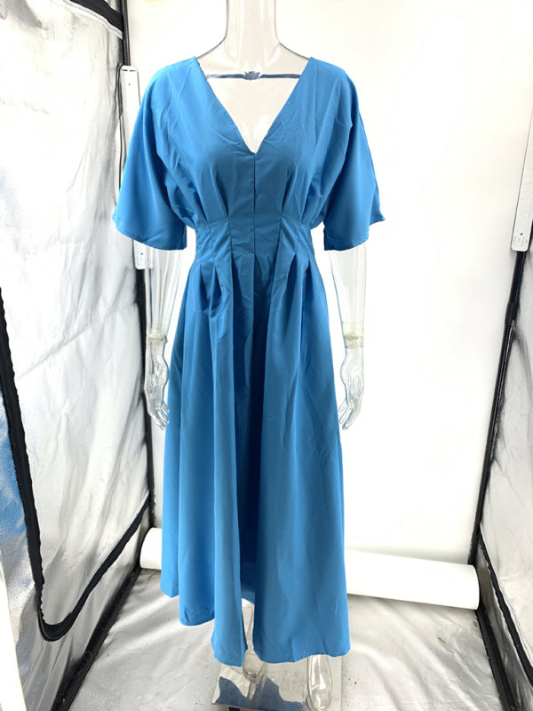 Blue V-Neck Pleated Maxi Dress