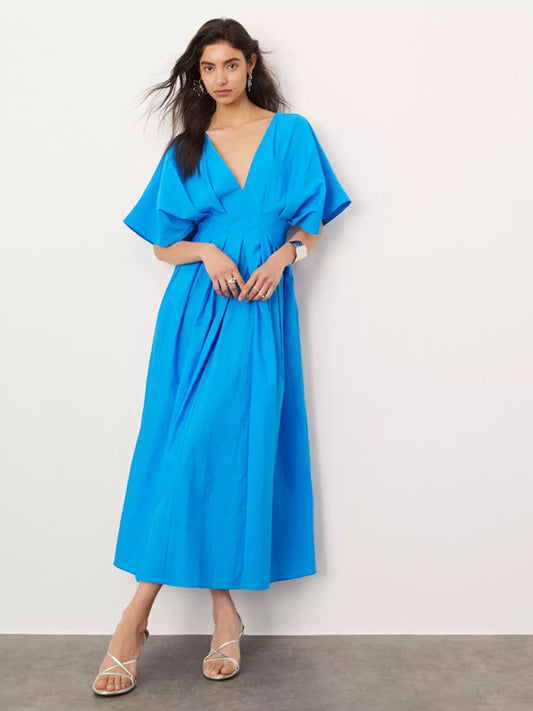 Blue V-Neck Pleated Maxi Dress
