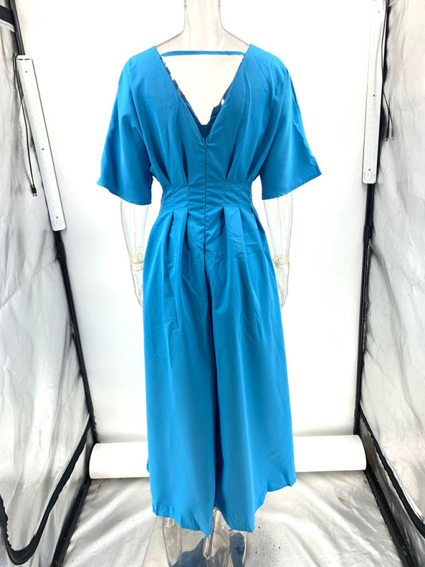 Blue V-Neck Pleated Maxi Dress
