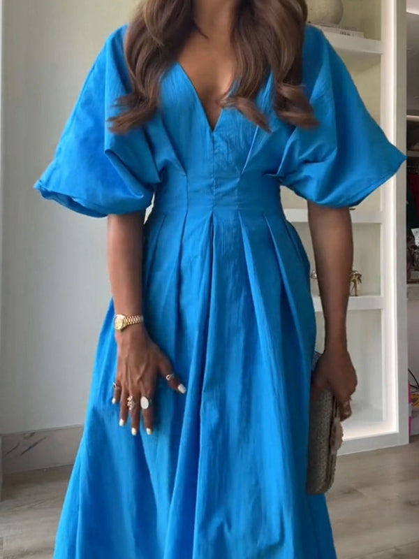 Blue V-Neck Pleated Maxi Dress