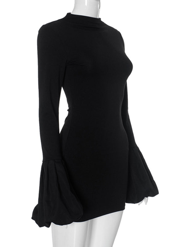 Black Puff Sleeve Knit Dress – Round Neck Long Sleeve Daily Midi