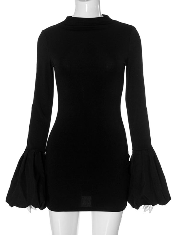 Black Puff Sleeve Knit Dress – Round Neck Long Sleeve Daily Midi