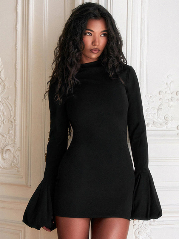 Black Puff Sleeve Knit Dress – Round Neck Long Sleeve Daily Midi