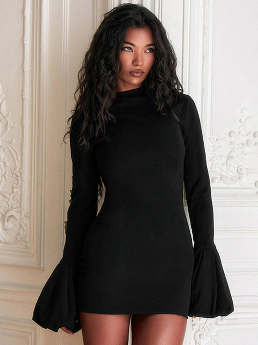 Black Puff Sleeve Knit Dress – Round Neck Long Sleeve Daily Midi