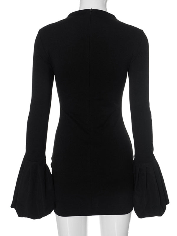 Black Puff Sleeve Knit Dress – Round Neck Long Sleeve Daily Midi