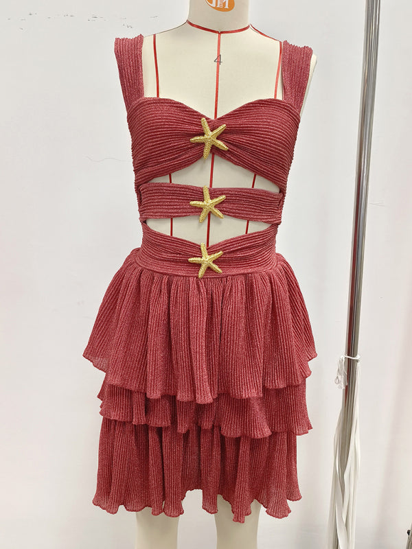 Romantic Hollow-Out Pink Dress – Woven Polyester, Spring-Summer Style