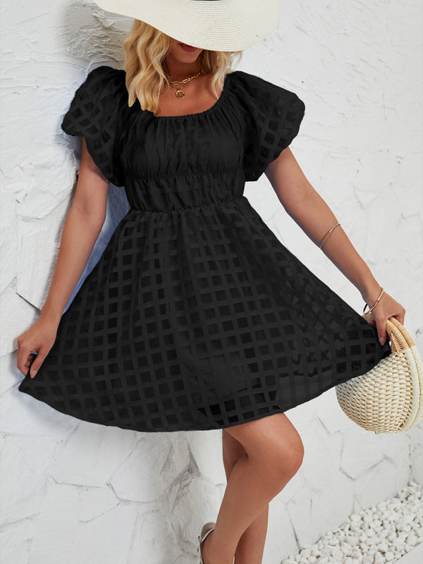 One-Shoulder Lantern Sleeve Backless Midi Dress – Spring Summer Romantic Style