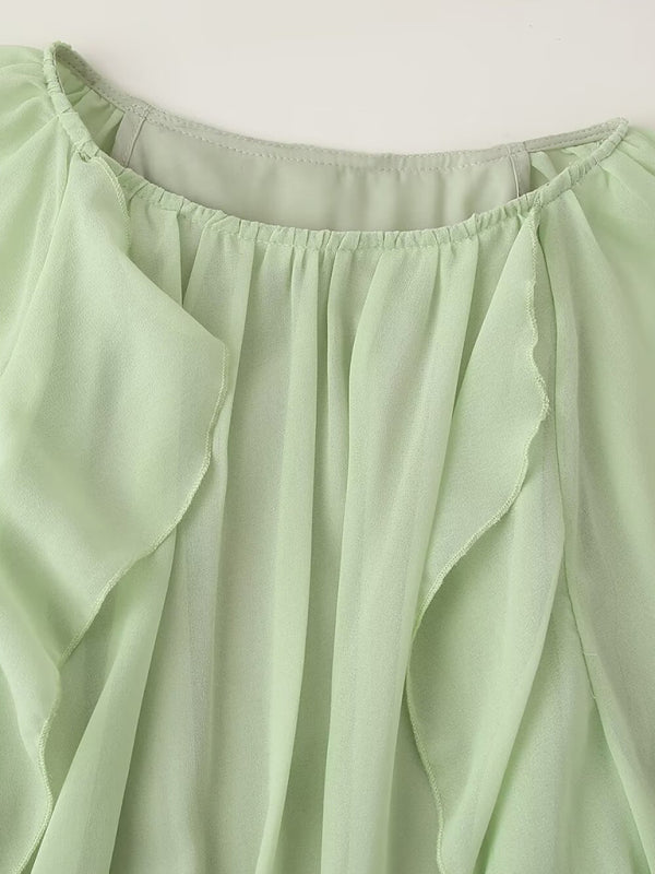 Green Layered Ruffle Midi Dress – Romantic Spring-Summer Style