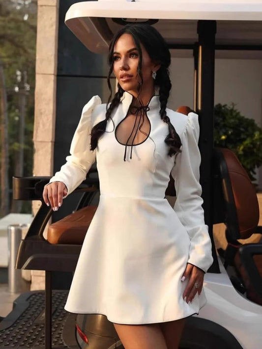Romantic Long Sleeve Stand Collar Tie Dress – Elegant Spring-Summer Midi