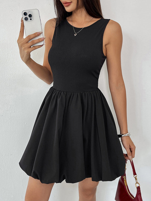 Sleeveless Black Woven Miniskirt Dress – Fitted Round-Neck Casual Summer Style