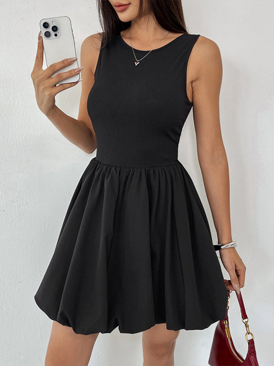 Sleeveless Black Woven Miniskirt Dress – Fitted Round-Neck Casual Summer Style
