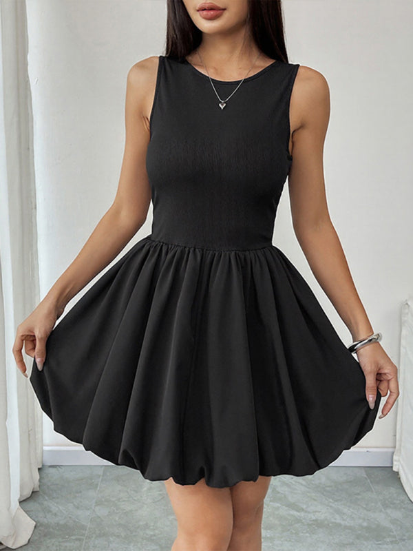 Sleeveless Black Woven Miniskirt Dress – Fitted Round-Neck Casual Summer Style