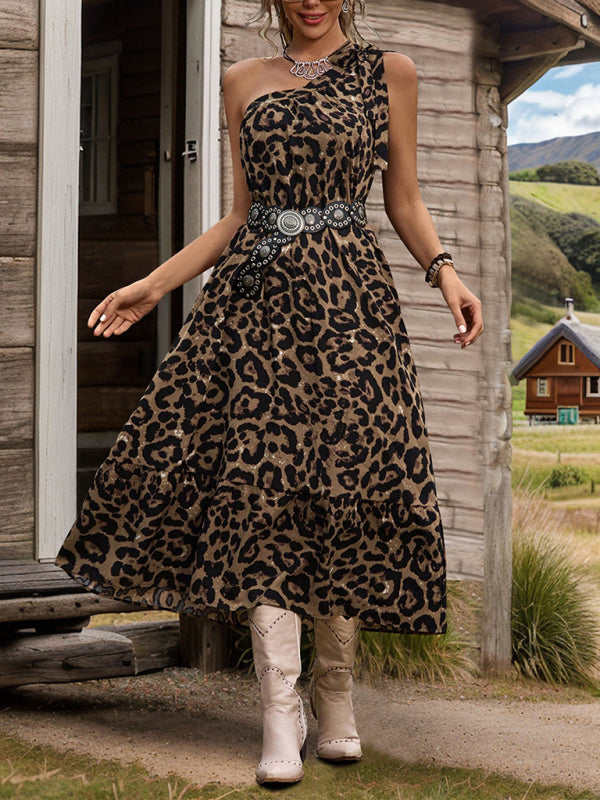 One-Shoulder Leopard Print A-Line Dress – Tie Strap, Flowy Summer Dress