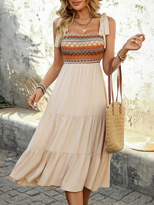 Cracker Khaki A-Line Midi Suspender Dress – Ethnic Vacation Style