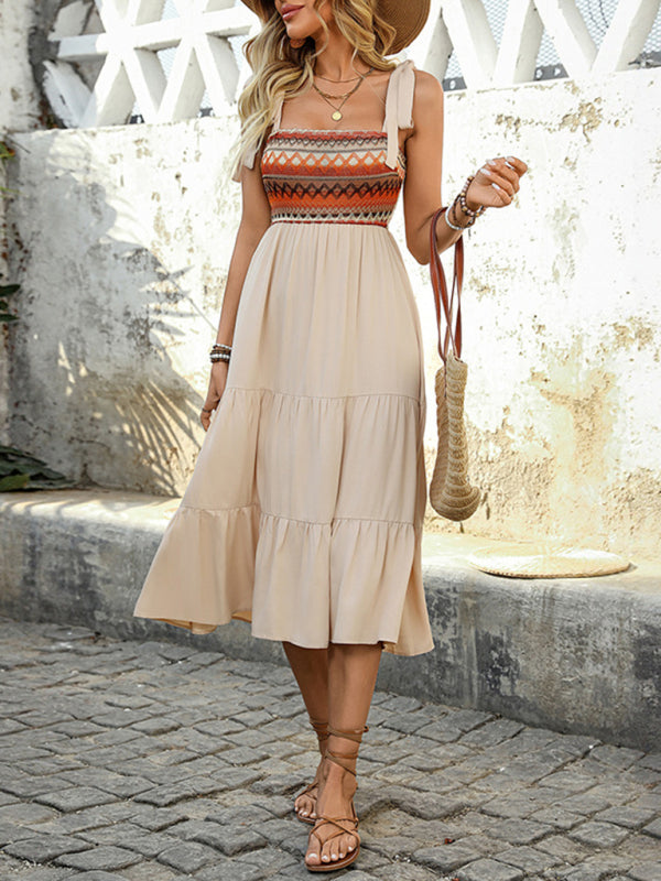 Cracker Khaki A-Line Midi Suspender Dress – Ethnic Vacation Style