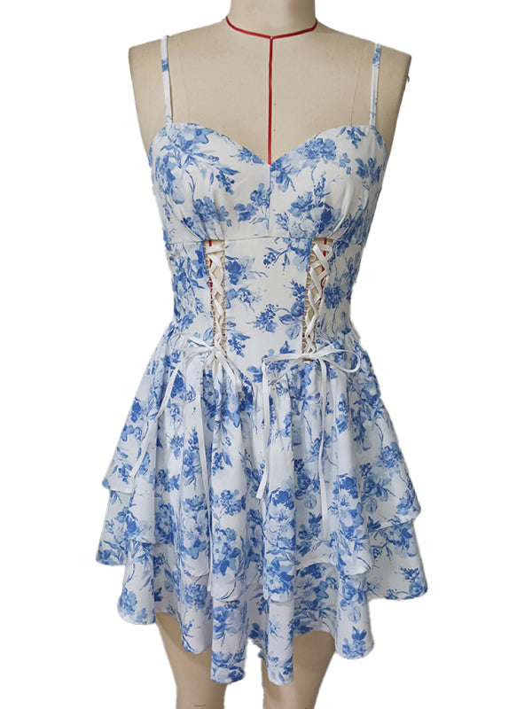 Romantic Printed Deep V Sleeveless Midi Dress – Strapless Tiered Skirt