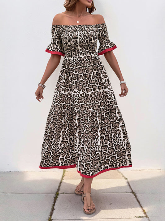 Leopard Print Midi Dress – One-Shoulder with Ruffled Sleeves