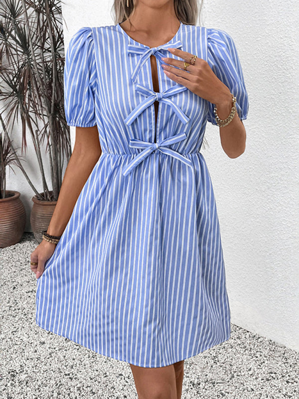Striped Blue Midi Dress – Round Neck with Bow Tie Waist for Spring & Summer