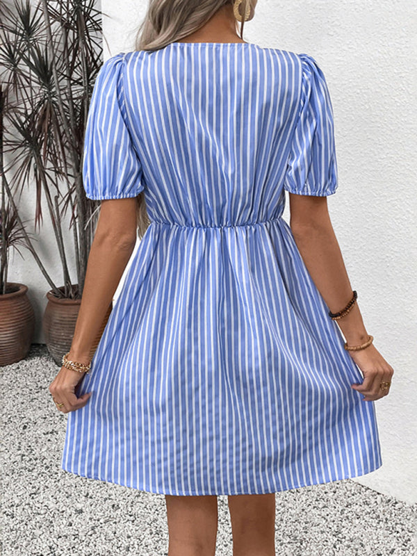 Striped Blue Midi Dress – Round Neck with Bow Tie Waist for Spring & Summer
