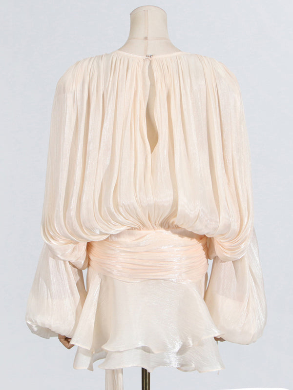 Hollow Pleated Ribbon Dress - Romantic Midi Style With Elegant Pleats